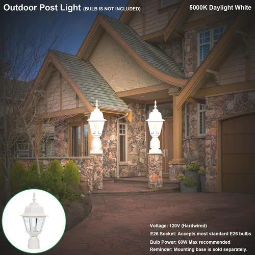 Miniatura 7 de LIT-PaTH Farol de poste de iluminación al aire libre, base mediana E26 máximo de 60 W, carcasa de aluminio más vidrio transparente, bombilla