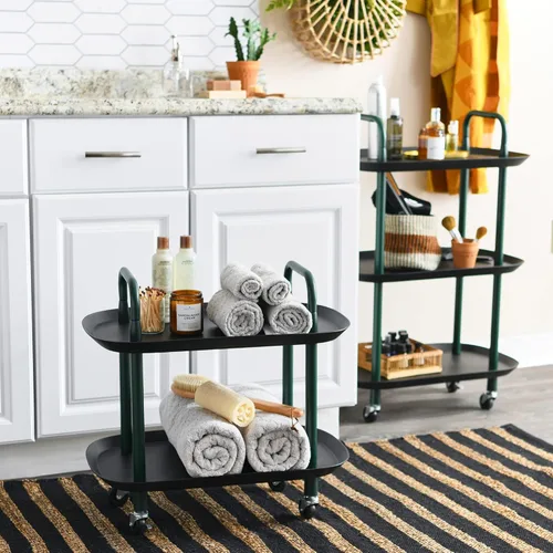 Miniatura 2 de Main + Mesa Carrito moderno de plástico y metal de 2 niveles, negro y verde oscuro