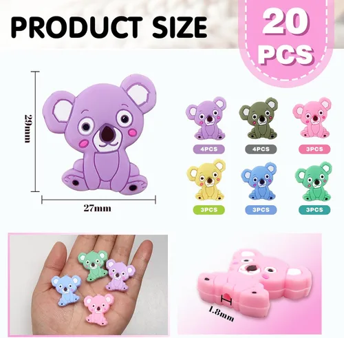 Miniatura 2 de TOAOB - 20 cuentas de silicona con forma de animal lindo a granel para bolígrafos, cuentas espaciadoras sueltas coloridas de silicona