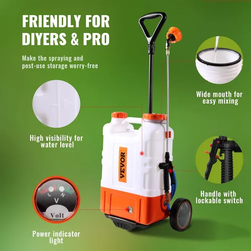 Miniatura 6 de VEVOR Pulverizador de mochila con batería de 4 galones con carro con ruedas, ajustable de 0-94 PSI, manguera de 13 pies, 6 boquillas, 2 varitas