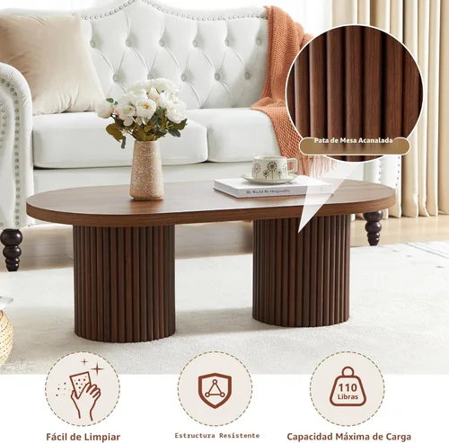 Miniatura 5 de Mesa de centro ovalada acanalada, mesa de centro de madera estilo granja, mesa central moderna de mediados de siglo boho para sala de estar y Nogal