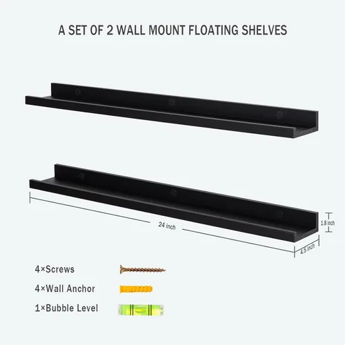 Miniatura 3 de Estantes flotantes negros para pared de 24 pulgadas con reborde, repisa moderna para cuadros, estantes de pared para fotos, decoración