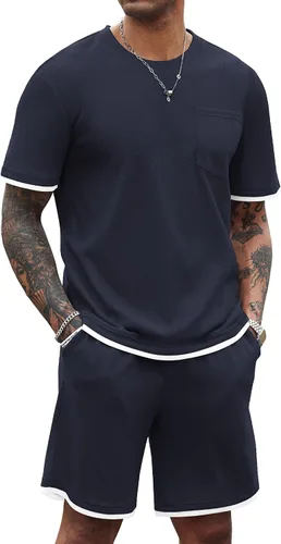 Miniatura 58 de COOFANDY Conjunto de camisa y pantalones cortos de gofre para hombre, conjunto de 2 piezas, conjunto casual de verano con bolsillos