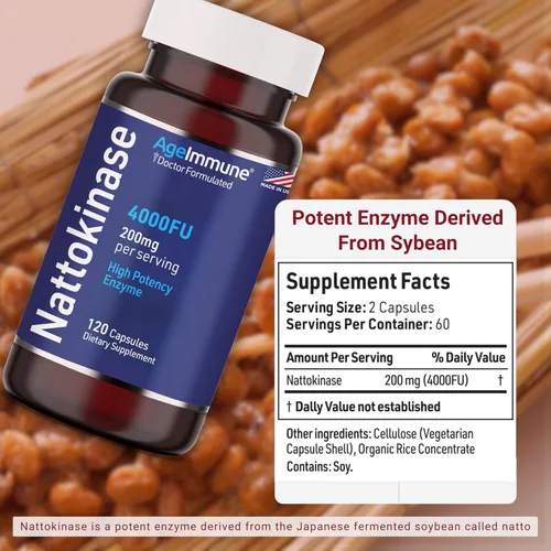 Miniatura 6 de AgeImmune Suplemento de nattoquinasa 4000 FU 200mg - Enzima - Apoyo cardiovascular 120 cápsulas - Derivado de Natto japonés - Fabricado
