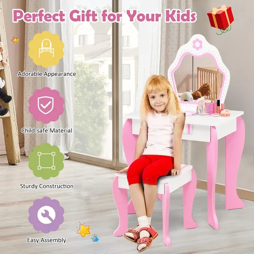 Miniatura 7 de HONEY JOY Tocador para Niños, Mesa de Maquillaje para Niños Pequeños con Espejo y Taburete, Tocador de Madera de Juego de Simulación para Niñas