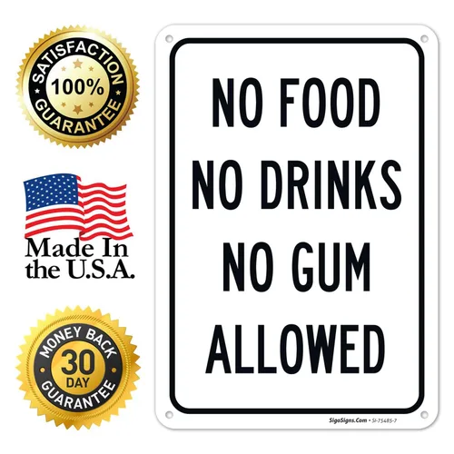 Miniatura 8 de Letrero de No Food No Drinks No Gum Allowed, 10 x 7 pulgadas, libre de óxido, aluminio 040, resistente a la decoloración, fabricado en Estados