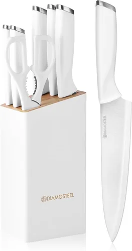 Juego de cuchillos blancos con bloque, juego de 7 piezas de bloque de cuchillos pequeños con hoja de acero inoxidable, mango ergonómico, juego de