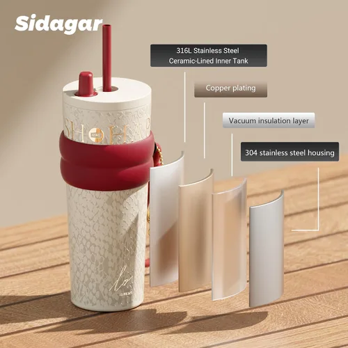 Miniatura 7 de Vaso de 24 onzas con tapa y popote, taza de café aislada a prueba de fugas, botella de agua portátil de viaje helada, taza de café térmica Blanco