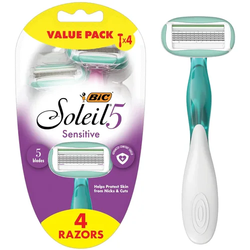Miniatura 8 de BIC Soleil 5 Sensitive Desechables para Mujeres con Navajas de 5 Cuchillas, Tiras Hidratantes de 360 Grados, Agarre Antideslizante, Paquete de 2