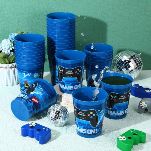 Miniatura 3 de Tanlade Juego de 50 tazas temáticas de videojuegos de 16 onzas, vasos de plástico reutilizables para fiestas de video populares, decoraciones de Azul