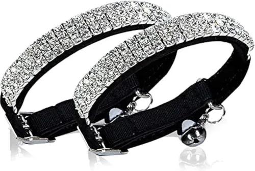 Miniatura 9 de Collar ajustable seguro para gatos CHUKCHI de terciopelo suave Adorno ostentoso de diamante con campanas de 11 pulgadas para perros pequeños y Negro
