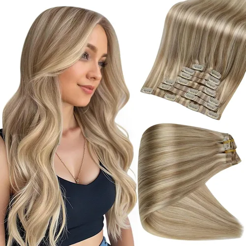 Miniatura 30 de Full Shine Extensiones de cabello humano con pinzas, cabello humano Remy invisible para mujer, color rubio platino, 20 pulgadas, 8 unidades, 4.23 oz