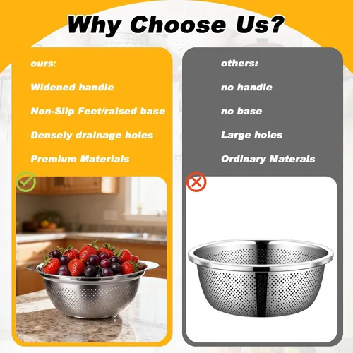 Miniatura 7 de Juego de 3 coladores de acero inoxidable para cocina, colador de pasta para arroz, alimentos, frutas, espaguetis y verduras