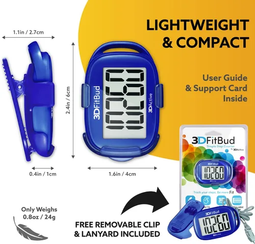 Miniatura 6 de 3DFitBud Simple Contador de Pasos - Podómetro 3D para caminar de 3DActive con clip, cordón, rastreador de pasos preciso, pantalla grande, fácil