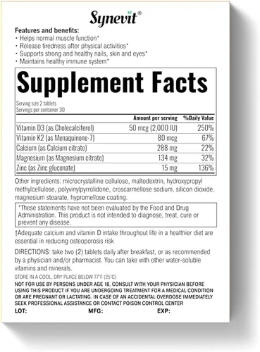 Miniatura 2 de Osteofect Complejo de apoyo óseo, calcio orgánico con vitamina D3 y K2, magnesio y zinc, apoya huesos y dientes saludables, 60 cápsulas vegetales