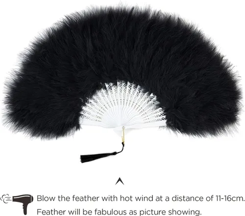 Miniatura 5 de BABEYOND Abanico de plumas de marabú estilo vintage de los años 20, abanico plegable de mano, para disfraz, baile, espectáculo, fiesta de té, Negro