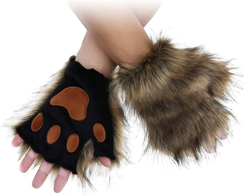 Miniatura 2 de HAOAN Guantes de pata de lobo de piel sintética para gatos, guantes sin dedos, para invierno, cálidos, cosplay, Halloween, fiesta de disfraces
