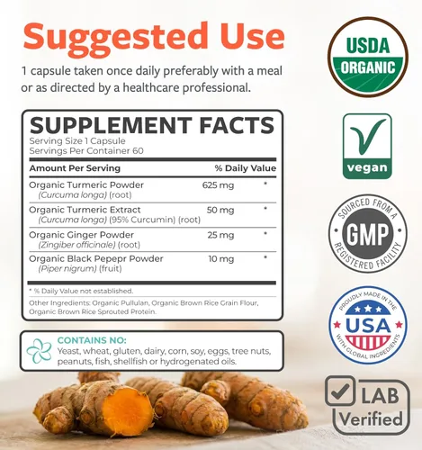 Miniatura 6 de Suplemento orgánico de cúrcuma, jengibre y pimienta negra - Cápsulas de curcumina de cúrcuma orgánica de alta potencia con jengibre y pimienta negra