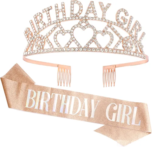 Miniatura 10 de CIEHER Kit de banda y tiara de diamantes de imitación para cumpleaños, corona de oro rosa con peines para mujer, elegante tiara de princesa