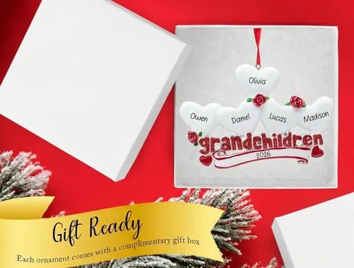 Miniatura 3 de Adorno de Navidad personalizado para nietos con 5 corazones 2026 Adorno familiar con purpurina para árbol de Navidad Regalo de recuerdo único