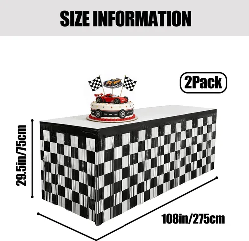 Miniatura 4 de Falda de mesa metálica de oropel con flecos de oropel de carreras para decoración de fiesta de cumpleaños, paquete de 2 cortinas de mesa de 29.5 x