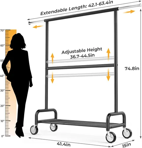 Miniatura 5 de Perchero de ropa resistente con carga de 860 libras, estantes de ropa rodantes de doble barra para colgar ropa, estante de ropa rodante con estantes