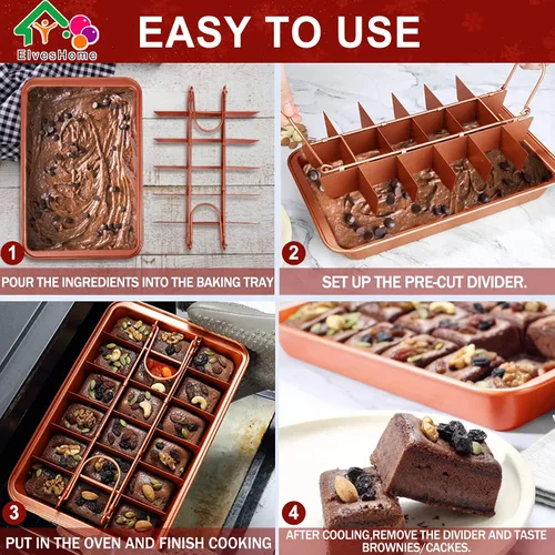 Miniatura 8 de Bandeja para brownie con divisores, bandeja para brownies con cortador, sartén antiadherente para hornear brownie con cepillo para espátula, moldes