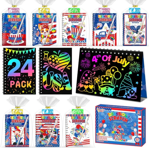 Miniatura 15 de Recuerdos de papel para rascar para fiestas para niños: paquete de 16 cuadernos de rayas arcoíris, bolsas de regalo, libros para colorear, recuerdos