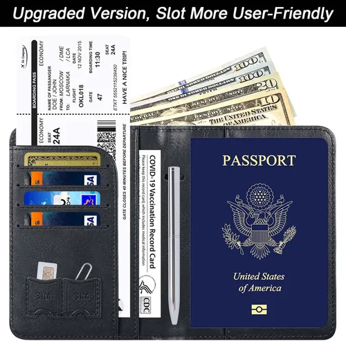 Miniatura 2 de Funda para pasaporte, cartera, artículos esenciales de viaje, de cuero, estuche con bloqueo RFID, equipaje de vacaciones, artículos imprescindibles