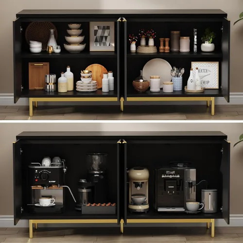 Miniatura 3 de Vipbear Aparador con almacenamiento, mesa consola de madera de 58 pulgadas con 4 puertas acanaladas y estantes ajustables, decoración moderna