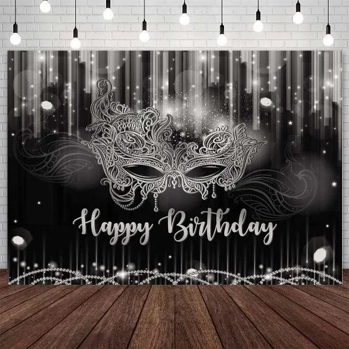 Miniatura 9 de AIBIIN Máscara de fondo de feliz cumpleaños de 7 x 5 pies, suministros de decoración de carnaval, cumpleaños, fiesta de baile, pancarta negra