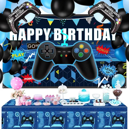 Miniatura 6 de Skylety 34 Piezas Decoraciones de Cumpleaños de Jugador Suministros de Fiesta de Videojuegos Incluyendo Telón de Fondo de Feliz Cumpleaños