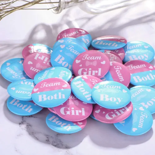 Miniatura 5 de Yaomiao 30 pines de botón para niñas y niños, pernos de botón de revelación de género, para baby shower, color rosa y azul, para recuerdos