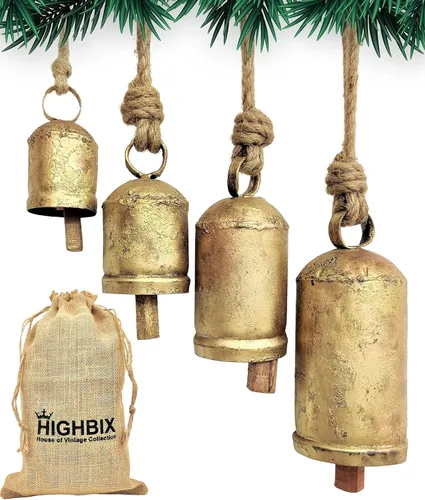 Campanas colgantes rústicas de Navidad – Juego de campanas de hierro hechas a mano con cuerda de yute – Decoración vintage Shabby Chic para puertas