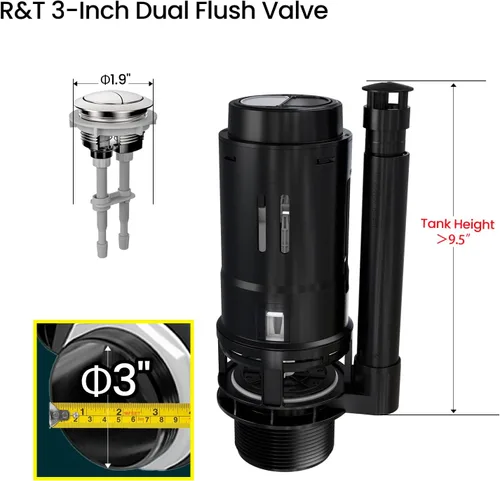 Miniatura 4 de R&T Válvula de descarga doble de 3 pulgadas con botón superior, kit de reparación de inodoro en el tanque interior, kit de repuesto de válvula