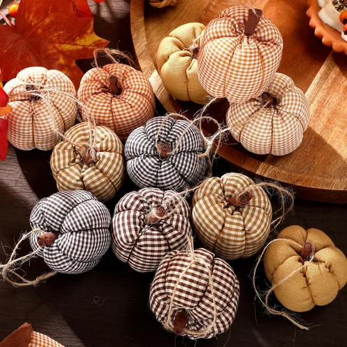 Miniatura 4 de Hiboom 12 adornos de calabaza de fieltro de otoño para decoración 3D de Acción de Gracias, 6 estilos, tela a cuadros, bellota, adorno colgante