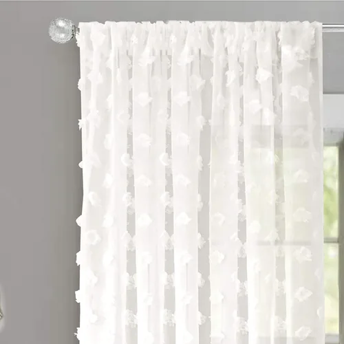 Miniatura 11 de DriftAway Olivia - Cortinas transparentes de gasa gris de vellón bordado para ventana con pompones, 2 paneles con pliegue para barra de 52 pulgadas