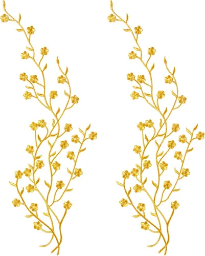 OIIKI Adornos dorados para vestidos, 2 piezas, parches bordados de ciruela, apliques de tela de encaje floral, parche bordado para manualidades de