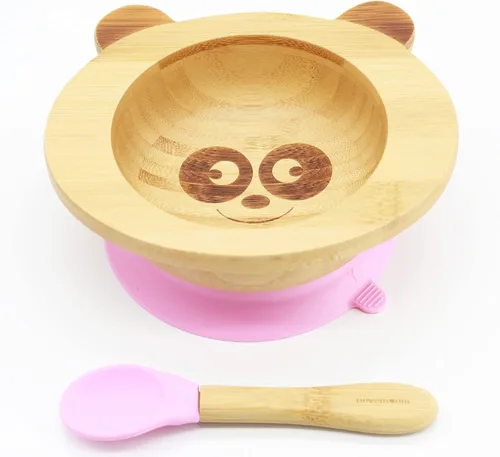 Cuencos de succión para bebé, juego de bambú, cucharas de destete LED, sin BPA, juego de cuencos y cucharas para niños pequeños, color rosa