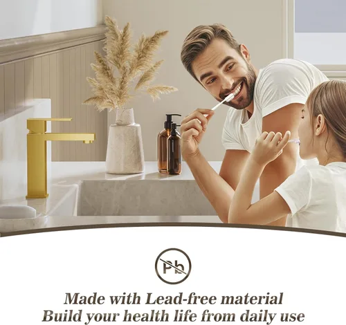 Miniatura 4 de Phiestina Grifo de tocador de baño de una sola manija cuadrada de oro cepillado con drenaje desplegable de metal con placa de cubierta, línea