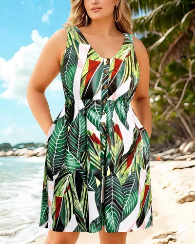 Miniatura 57 de Holipick Vestidos de verano para mujer, talla grande, casual, con bolsillos, acampanado, con botones, sin mangas, cuello en V
