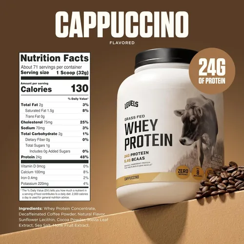 Miniatura 3 de Levels - Proteína de suero alimentada con pasto en polvo, sin artificiales, 24G de proteína, capuchino, 5 libras