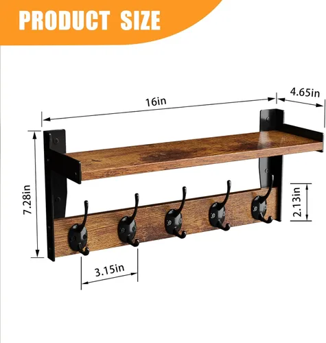 Miniatura 3 de Ganchos de pared con estante, perchero de madera con estante montado en la pared, estantes colgantes de entrada con 5 ganchos de metal para ropa