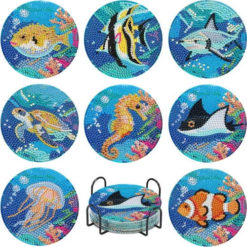 Miniatura 29 de Leatrice 6 piezas de posavasos de arte de diamante pequeños kits de pintura de diamante para adultos con puntos de diamante redondos, taladro