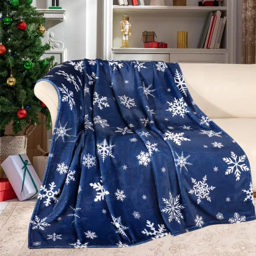 Manta de Navidad con copos de nieve azul, manta de franela de forro polar súper suave, manta de invierno de felpa cálida, decoración navideña para