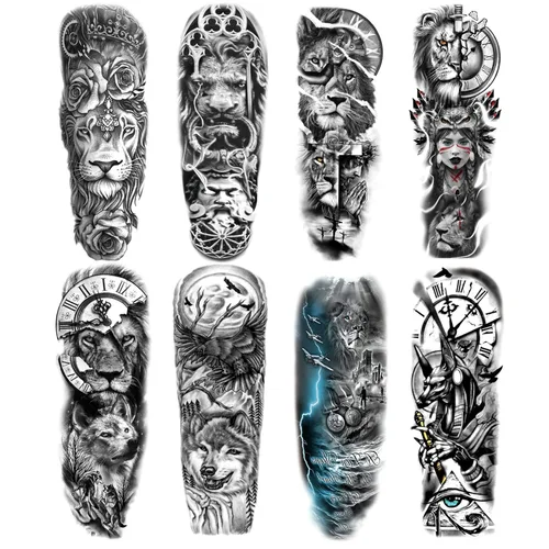 Pegatinas de tatuaje de manga de león falso, brazo completo, tatuajes temporales para adultos, niños, mujeres, maquillaje, 8 hojas