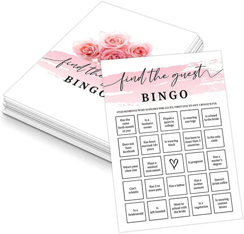 Tuyashua Pink Swash Find The Guest - Juego de bingo para 30 invitados con tarjetas de juego, juego de despedida de soltera en acuarela rosa,