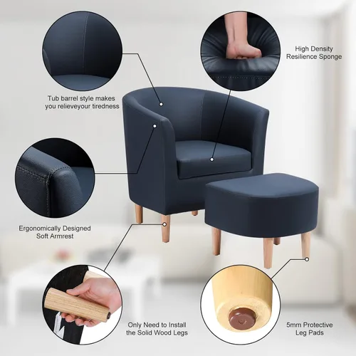 Miniatura 5 de DAZONE - Silla de cuero, silla decorativa de estilo moderno de mediados de siglo con otomano, barril falso, sillón cómodo tapizado con brazos Azul