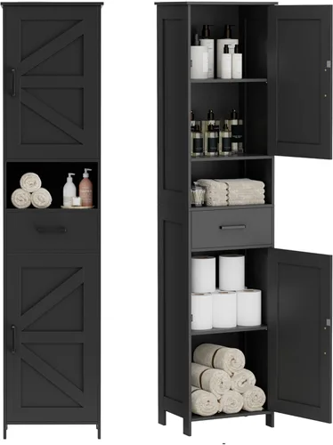 Miniatura 10 de HOMHEDY - Armario alto de 67 pulgadas con 2 puertas tipo granero, 1 cajón, estantes ajustables, unidad estrecha para baño, sala de estar, entrada