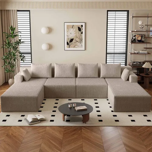 Miniatura 71 de Sofá modular de 95 pulgadas con otomana, moderno sofá nube de pana con asiento profundo, sofá sin hueso tapizado de 3 plazas en forma de U para sala